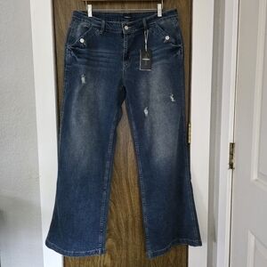 Flamingals Flare Leg Denim Jeans Distressed Dark Wash Mid Waist Rise Size XXL